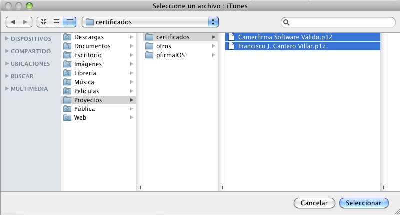 Selección de certificados a importar