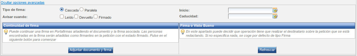 Opciones avanzadas de redacción de la petición