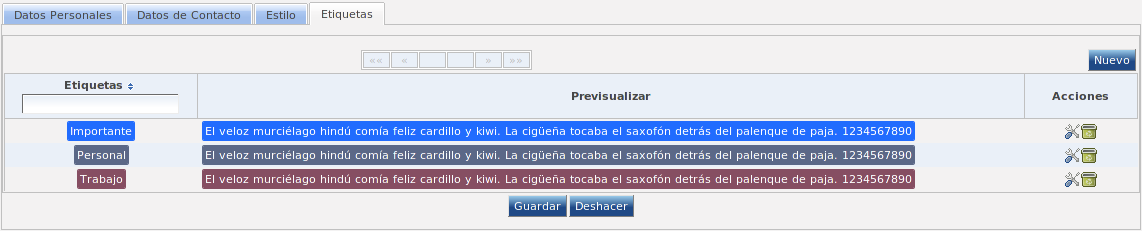 Pantalla de etiquetas de usuario